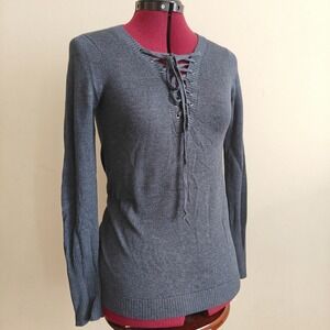 ROI Women's Sweater Silk Cashmere Gray Long Sleeve Lace Up V-Neck Small Slim fit